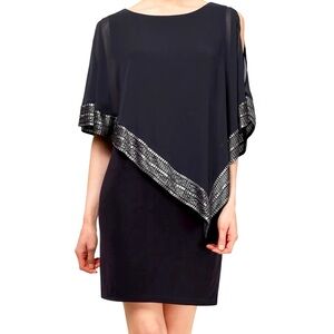 SL FASHIONS Foil Trim Asymmetrical Popover
Capelet Sheath Dress in Black - SZ 14